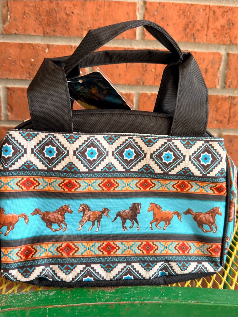 NWT Turquoise Aztec Horse Print Kids Insulated LUNCH Bag with Black Handles